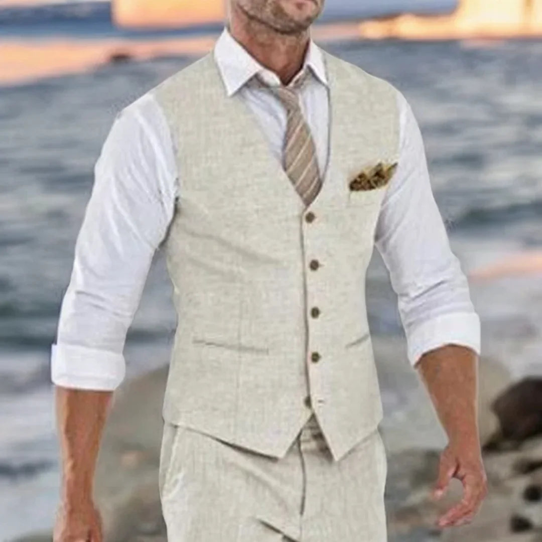 Beige Linen Suit Vest for Men Wedding Summer Beach One Piece