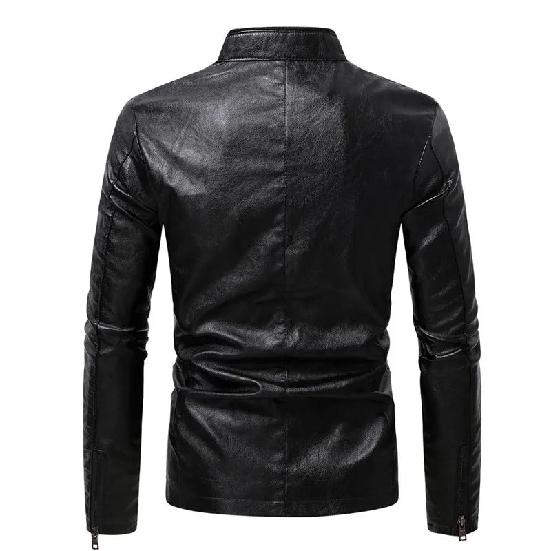 2023 Winter Fleece Leather Jacket Men PU Faux Warm Suede Fashion Stand Collar Casual Solid Motorcycle Leather Jackets Coat Men