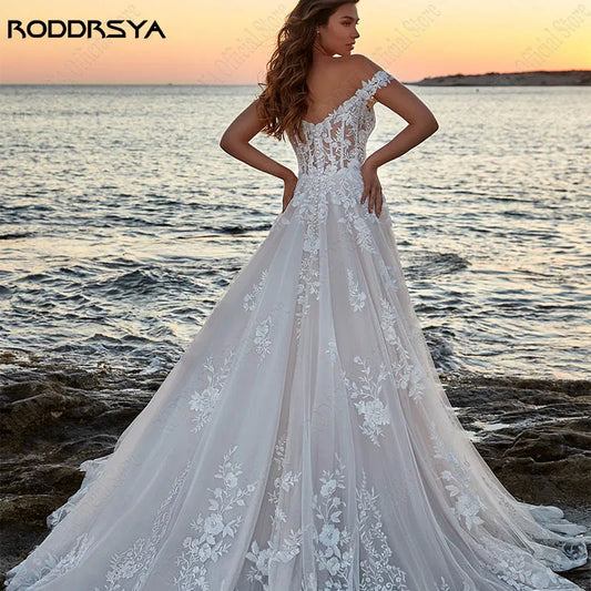 RODDRSYA Appliques Off Shoulder Wedding Dresses A-line Tulle Sweep Train Beach Bridal Gowns Back Buttons vestidos de novia playa