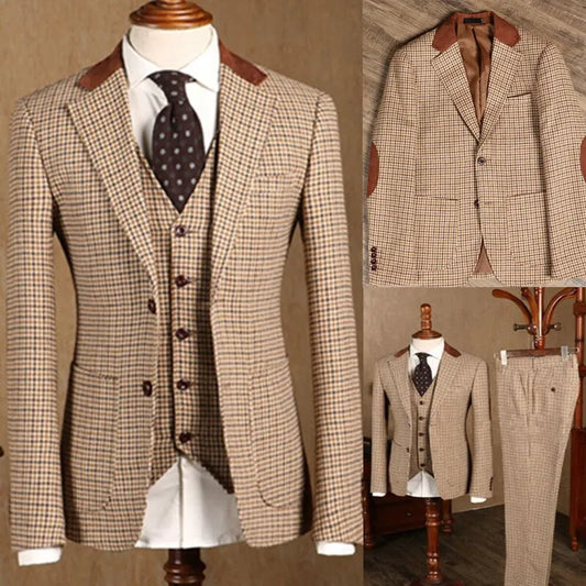 2024 Brown clássico xadrez tweed masculino fito slim fit noivo smoking smoking machos machos de negócios casual 3 peças (blazer+colete+calça)