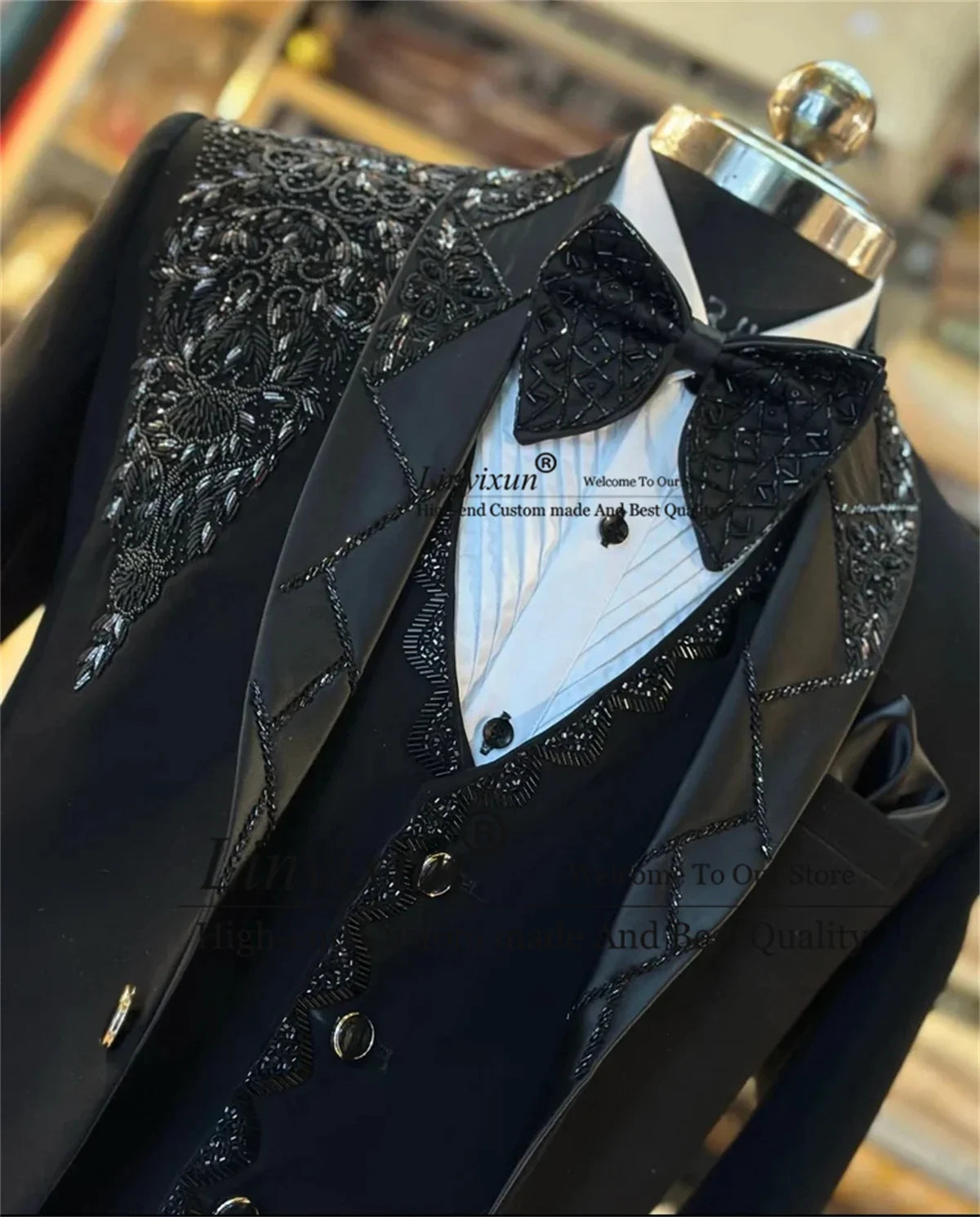 Luxury  Beaded Crystals Men Suits 3 Pieces Sets Wedding Groom Tuxedos Formal Party Prom Blazers Slim Fit Costume Homme Marrige