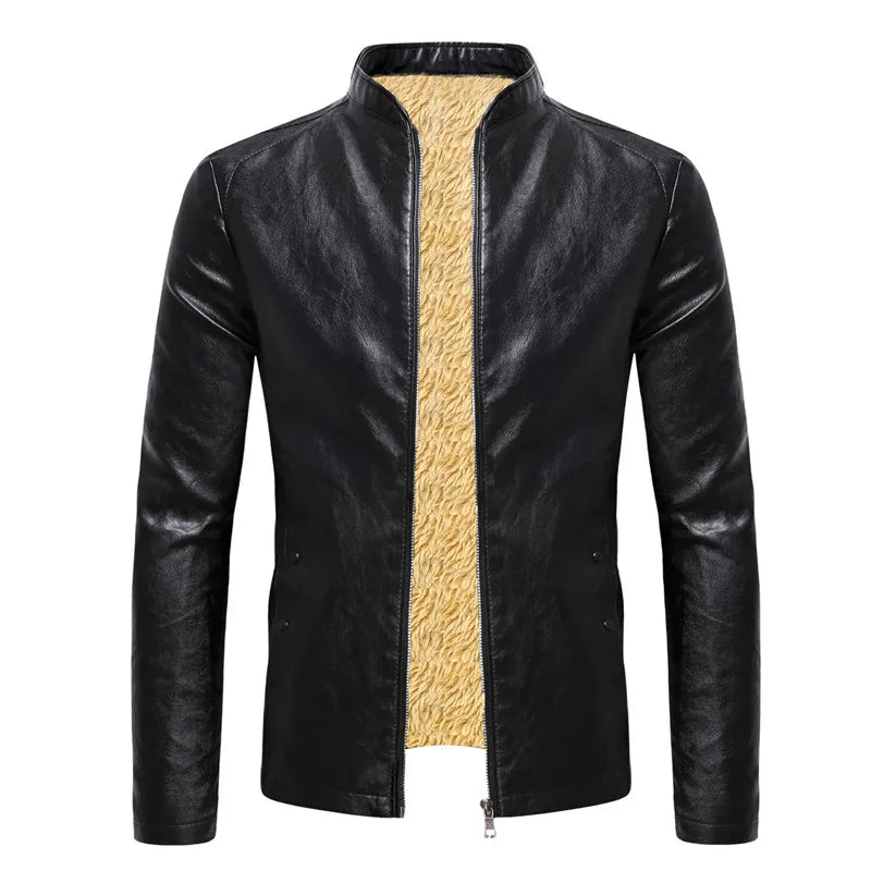 2023 Winter Fleece Leather Jacket Men PU Faux Warm Suede Fashion Stand Collar Casual Solid Motorcycle Leather Jackets Coat Men