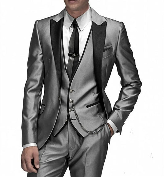 Shiny Grey Men Suits With Embroidery Groomsmen Groom Tuxedos Wedding Best Blazer Sets 3 Pieces (Jacket+Pants+Vest) Costume Homme