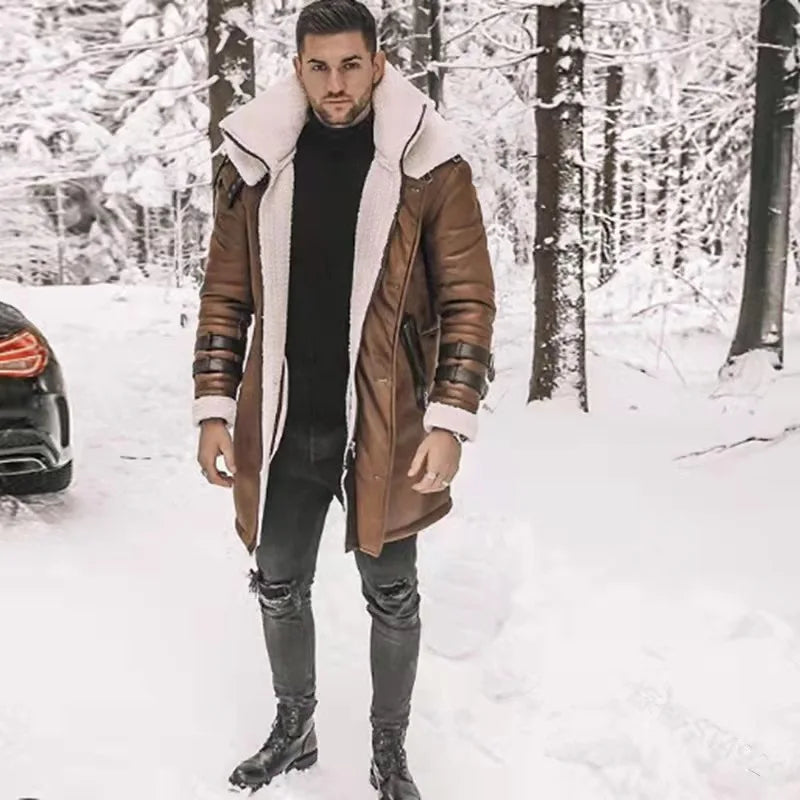 Men Long Trench Coat Casual Zippe Cardigan Turn-down Collar Fur Parka Faux Fur Lining Warm Jacket Men Winter Outwear Fashion New