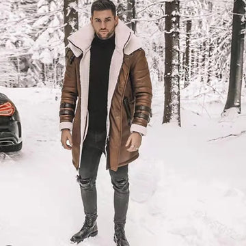 Men Long Trench Coat Casual Zippe Cardigan Turn-down Collar Fur Parka Faux Fur Lining Warm Jacket Men Winter Outwear Fashion New