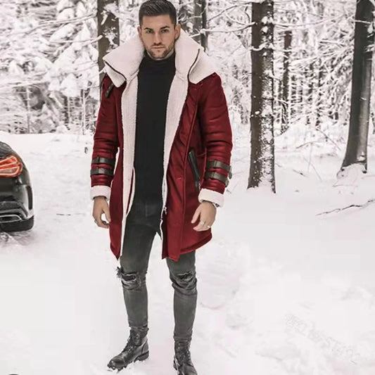 Men Long Trench Coat Casual Zippe Cardigan Turn-down Collar Fur Parka Faux Fur Lining Warm Jacket Men Winter Outwear Fashion New