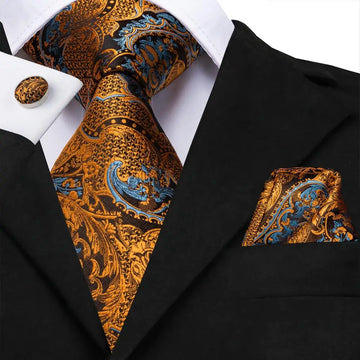 Hi-tie 100% di seta lussuosa cravatta da uomo di lusso cravatte in oro nero floreale paisley tascabili tascabili gemelli set da donna cravatta da festa