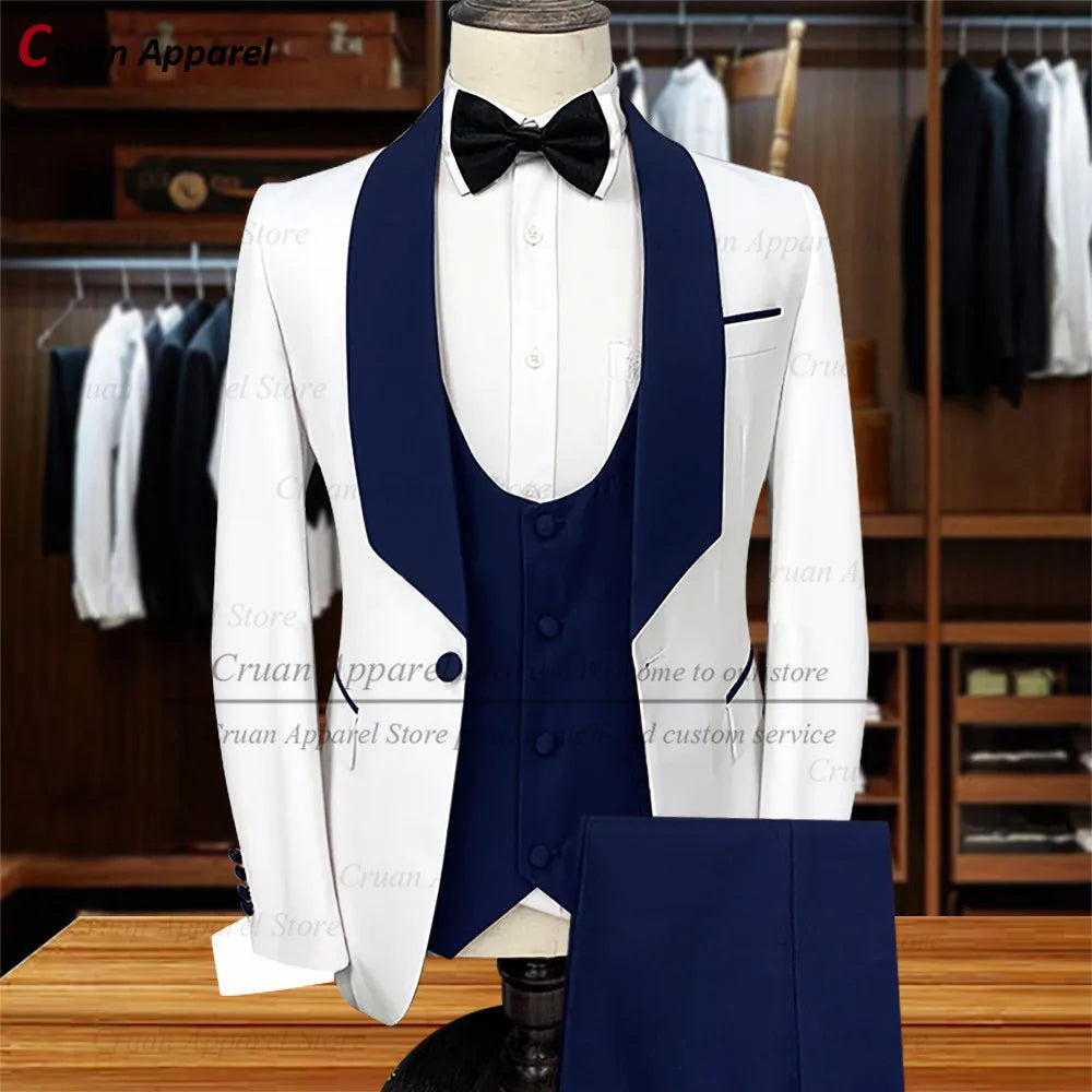 Fashion White Navy Blue Suit Men Set Slim Fit Best Man Groom Wedding Tuxedo Classic Elegant Prom Party Blazer Vest Pants 3Pcs