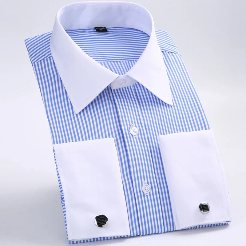 Mangues franceses clássicos de masculino Camisa de vestido listrada de um patch único bolso de pocket-fit de manga longa camisas de casamento (abotonete incluído)