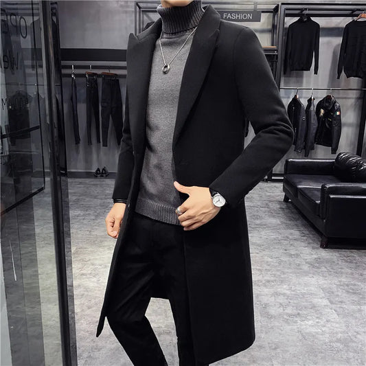 Autumn/Winter New British Style Solid Mid-length Men Wool Woolen Jacket Men Slim Fit Trench Coat Business Overcoat Male S-4XL