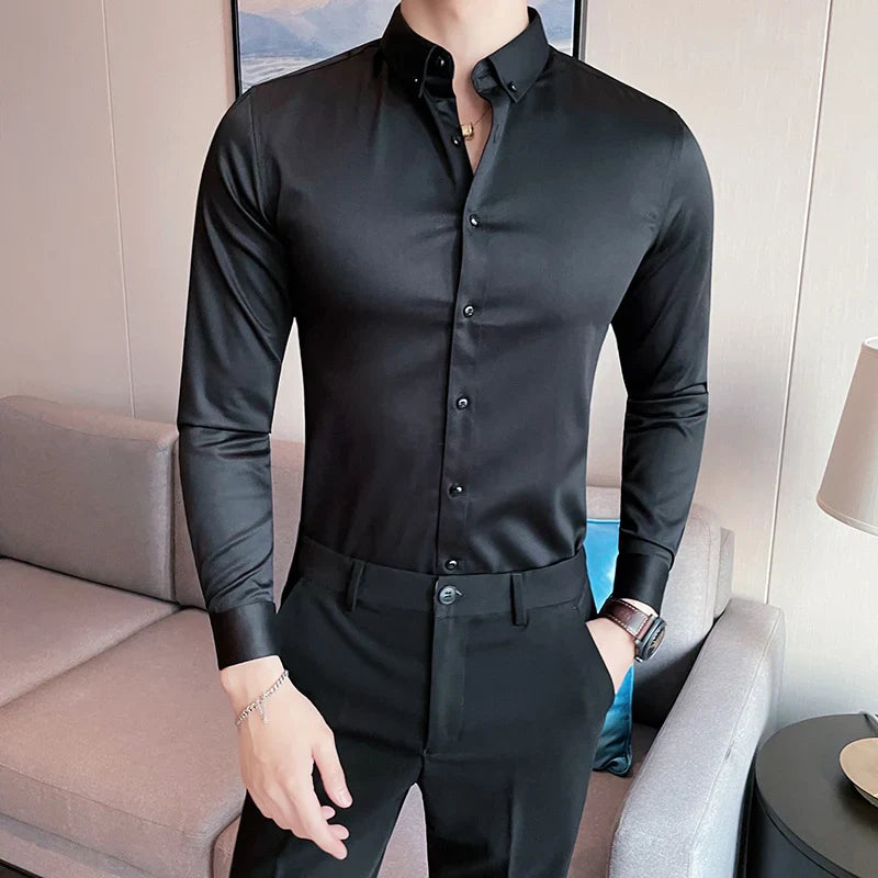 Camisas De Hombre New Work Wear Solid Long Sleeve Social Shirts For Men Clothing Slim Fit Formal Mens Dress Shirts Big Size 5XL