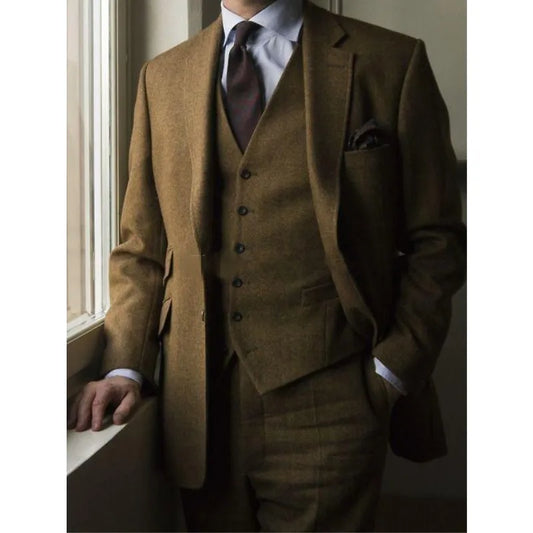 2020 Mens Tweed Suits 3 PCs Made Brown Man Suits sob medida Made Made Men Terne Notch Lapeel (jaqueta+calça+colete)