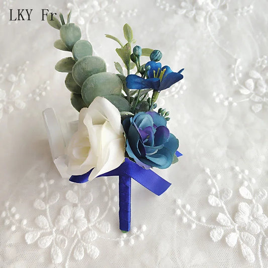 LKY Fr Corsage Wedding Boutonnieres Blue Roses Silk Bracelet Flowers Groom Man Suit Buttonhole Brooch Pins Marriage Accessories