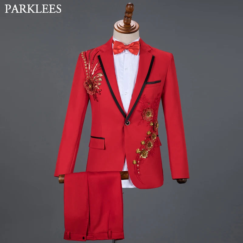 Red Diamond Floral Men Ternos para casamento Mens Suits 3 peças Blazer+Pant+Tirada de Moda de Moda Bow Tuxedo Men traje de cenário Homme