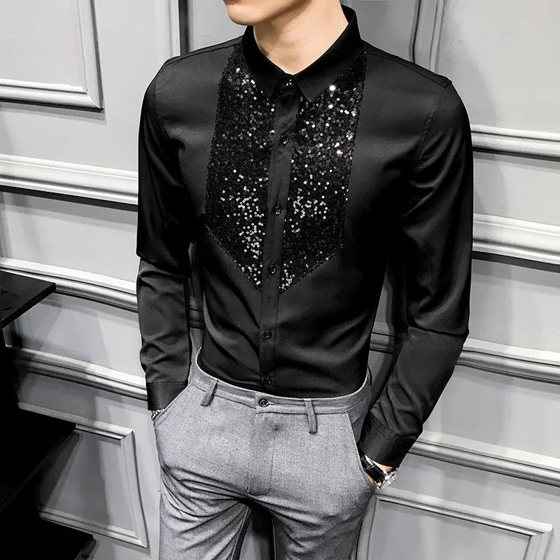 Sequins Tuxedo Shirts Men Long Sleeve Camisa Masculina 2020 Black White Casual Slim Fit  Men Dress Shirts Streetwear Social Tops