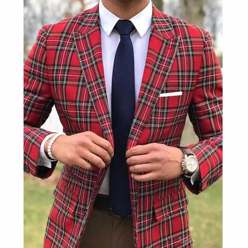 Fashion Scottish Plaid Men Suits for Wedding Groom Tuxedos Slim Fit Peaked Lapel Male Suit 2 Piece Blazer with Pants 2023