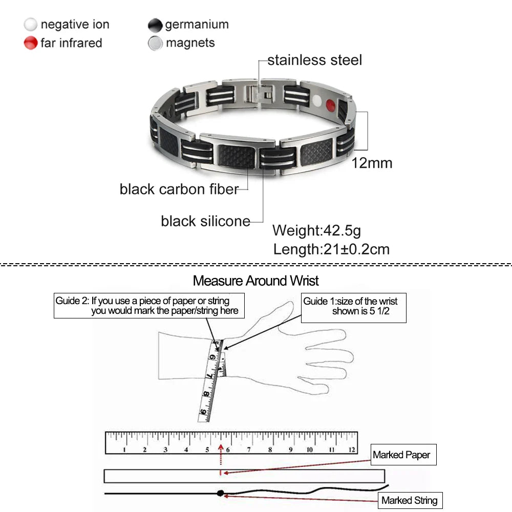 Vinterly Magnetic Bracelet Men Stainless Steel 21cm Black Carbon Fibre Silicone Energy Benefits Therapy Arthritis Jewelry