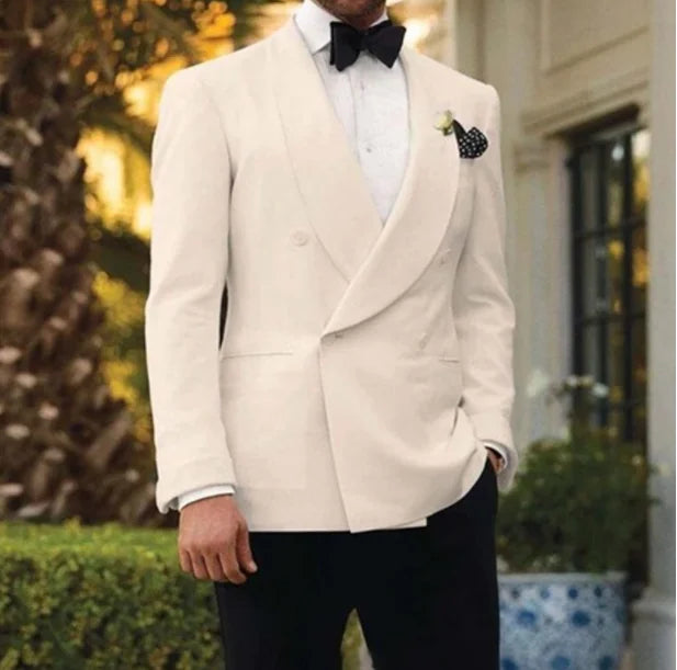 Double Breasted Men Suits Wedding Suit Groom Elegant Shawl Lapel 2 piece Slim Fit Man Set Jacket With Black Pants Formal Blazer