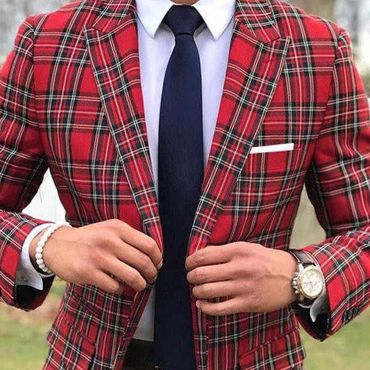 Fashion Scottish Plaid Men Suits for Wedding Groom Tuxedos Slim Fit Peaked Lapel Male Suit 2 Piece Blazer with Pants 2023