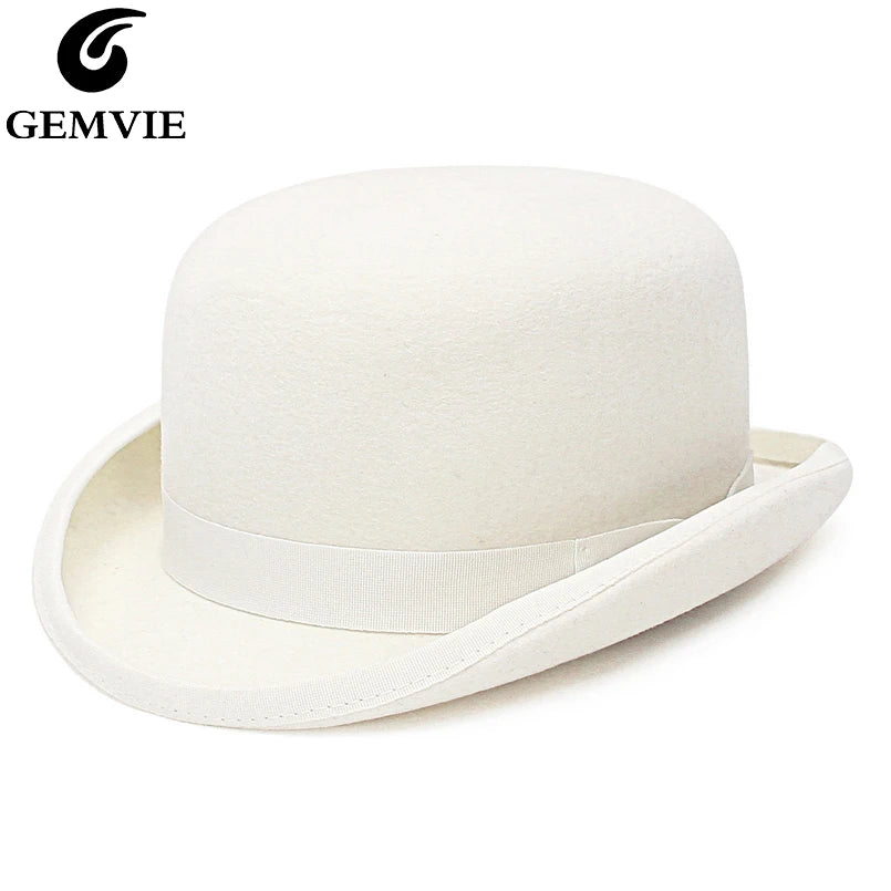 GEMVIE 100% Wool Felt White Bowler Hat For Men/Women Satin Lined Fashion Party Formal Fedora Costume Magician Cap