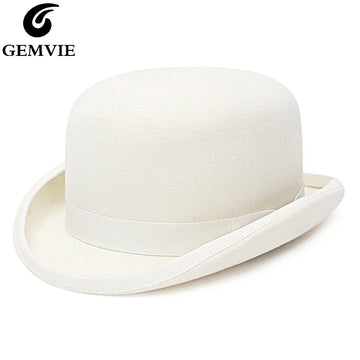 GEMVIE 100% Wool Felt White Bowler Hat For Men/Women Satin Lined Fashion Party Formal Fedora Costume Magician Cap