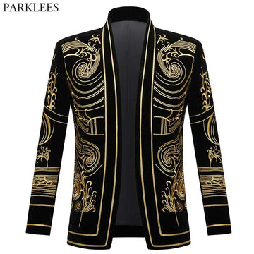 Luxury Baroque Gold Floral Embroidery Blazer Jacket Men Shawl Lapel Velvet Cardigan Blazers Men Wedding Party Prom Costume Homme