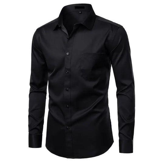 Black Bamboo Fiber Shirt Men Casual Slim Fit Mens Dress Shirts Solid Color Elastic Button Up Social Male Shirts with Pocket 4XL