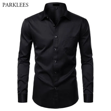 Black Bamboo Fiber Shirt Men Casual Slim Fit Mens Dress Shirts Solid Color Elastic Button Up Social Male Shirts with Pocket 4XL