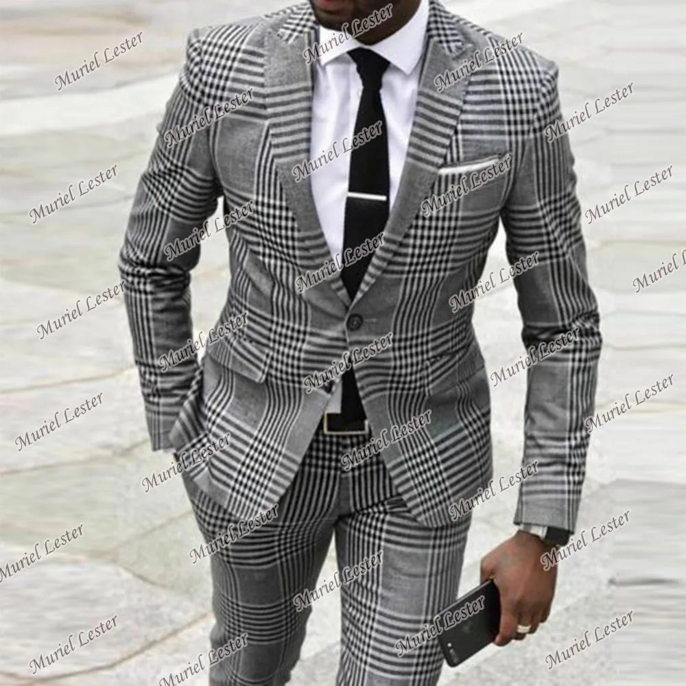 Classic Grey Plaid Check Wedding Suits For Men Single Brasted Jacket With Pants Groom Tuxedos 2 Pieces Formal Business Blazer