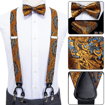 Luxury Silk Adult Men's Suspenders Metal 6 Clips Braces Bow Tie Hanky Cufflinks Male Wedding Party Vintage Elastic Adjustable