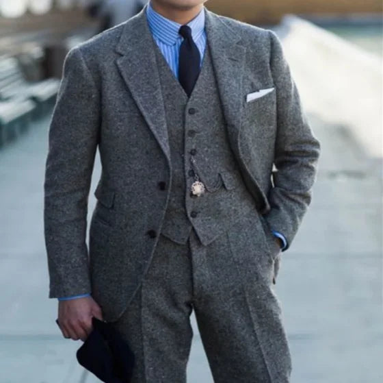 Luxury Wool Men Suits 3 Piece Gray Tweed Wedding Groom Tuxedo With Notched Lapel Fashion Smart Casual Party Male Suit 2024