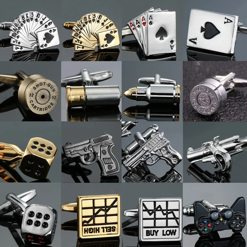 AS High quality playing card Cufflinks new fashion stock hammer dice pistol Cufflinks men's shirt badge pin birthday party gift