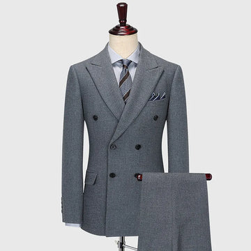 100% Wool Men Suits Set Double Breasted Luxury Retro Grey Winter Thicken Warm Wedding Suits For Men Slim Fit Blazer Pant Sets