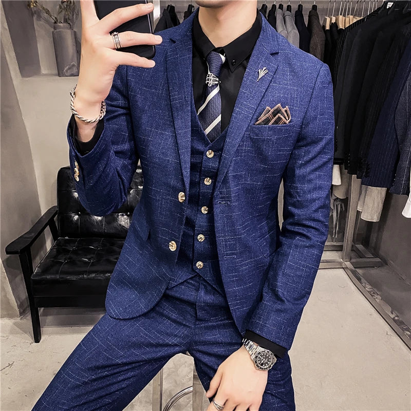 S-7XL Men Skinny 3 Pieces Set Formal Slim Fit Tuxedo Prom Suit / Male Groom Wedding Blazers luxury Dress Jacket Coat Pants Vest