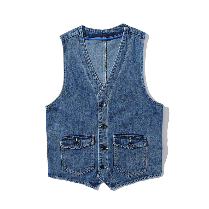 Denim Vest Men's Jacket Spring Autumn Jeans Jacket V-neck Design Korean Vest Loose Casual Fashion All-match Style Male Clothing