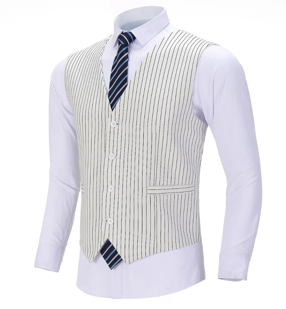 Men's Business Stripe Cotton Vest Boutique Suit Vest Ivory Single-breasted Waistcoat For Wedding Formal Vest Groomsmen