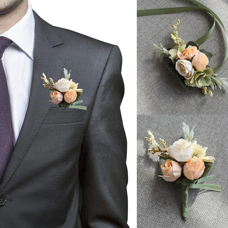 Menina de casamento de corpeio de punho Boutonniere Girl Bracelet Pins Groom Pins de dama de honra Corsage Flower Silk Red Rose Boutonniere