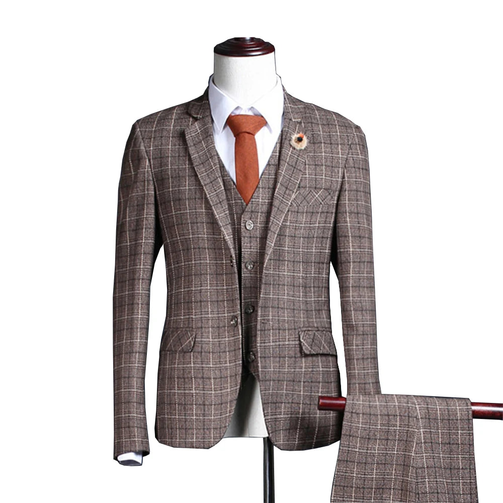 3 Pieces Suit Mens Plaid Wedding Suits Groom Tweed Wool Brown Tuxedos For Wedding (Blazer+Pants+Vest+Tie)