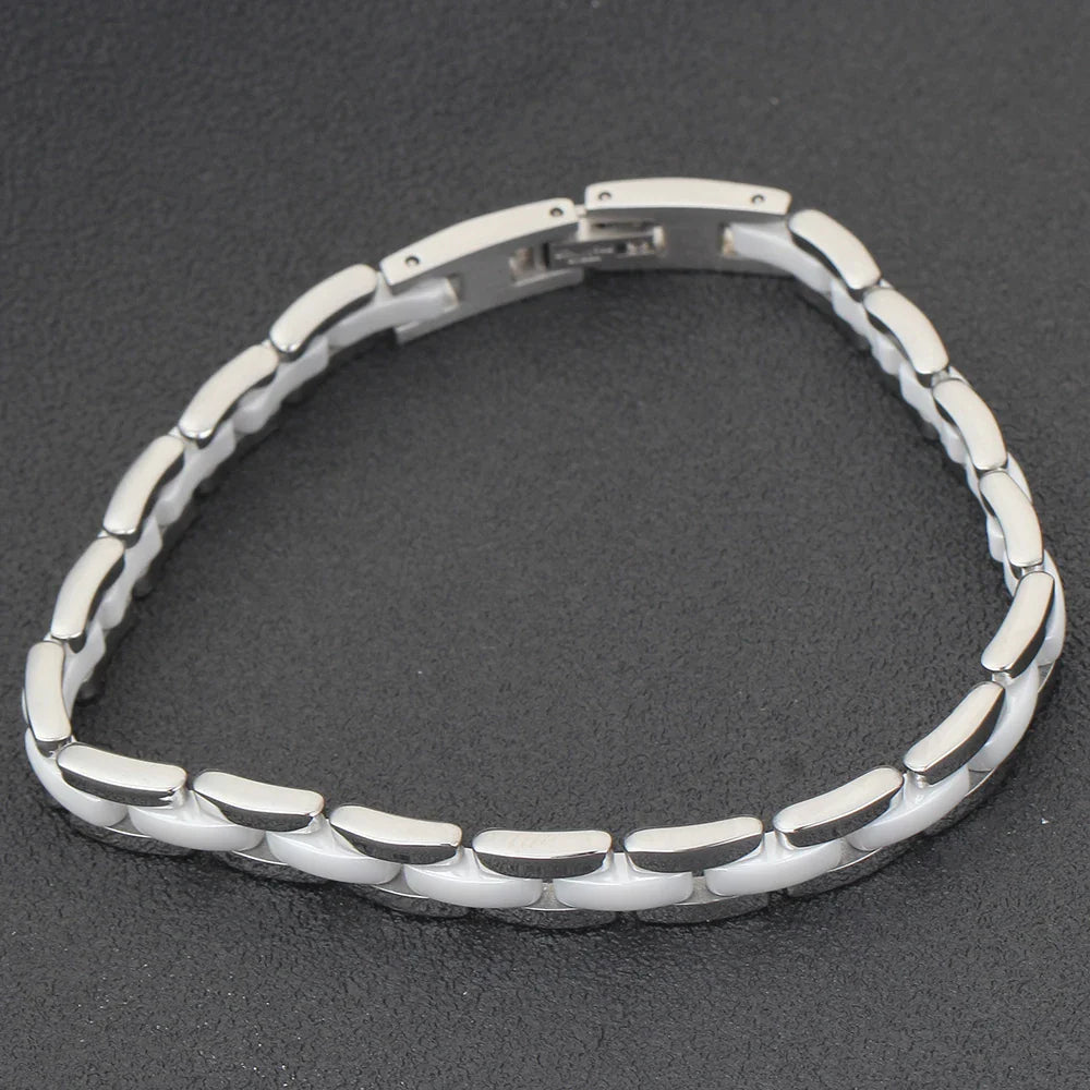 VQYSKO 20cm White  Ceramic Bracelet Bangle Stainless Steel Chain Link Bracelet Women And Men Jewelry