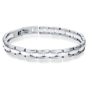VQYSKO 20cm White  Ceramic Bracelet Bangle Stainless Steel Chain Link Bracelet Women And Men Jewelry