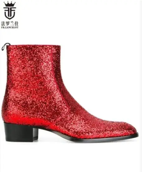 FR.LANCELOT  fashion pointed toe men leather boots British style glitter men fashion boots zip mujer bota sequin red booties