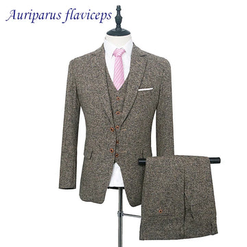 Brown Tweed Suits Textured Man Suits 3 Pieces Dinner Suit Notched Lapel Wedding suit Tailor Suit Blazer (Jacket+pants+vest)