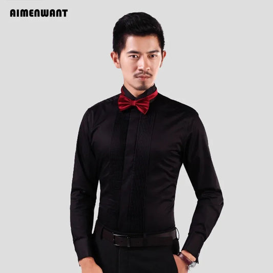 AIMENWANT 2023 Tuxedo Shirts Mens Korea Slim Fit Bow Tie Wedding Shirt White Business French-cuffed Shirt Dress Shirts