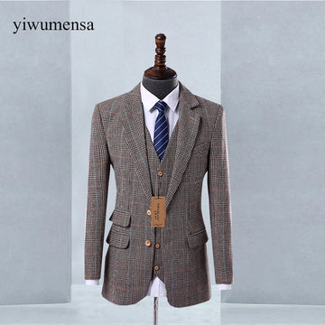 Autumn/Winter Men's Suits Tweed Wool Blend Herringbone Groom Wear Wedding Tuxedos Fit Slim Business Party Prom Male Clothing