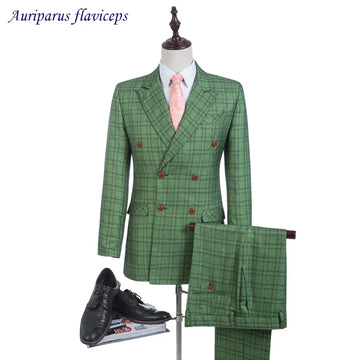 Best Men Green Double Breasted Man Suits Groom Tuxedos Glen Plaid Groomsman Suit Man Clothe 2023 Tweed Suits (Jacket+pants)