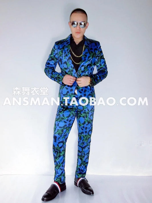 Hot 2024 Nouveau DJ chanteuse de DJ Blazers Blazers Blue Green Leopard Vestes Moupes Men Plus taille Costumes de robe formelle Costumes de vêtements