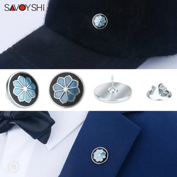 SAVOYSHI Blue/Black Enamel Flower shape man Lapel Pin Brooches Pins Fine Gift for Men Brooches Collar Party Engagement Jewelry