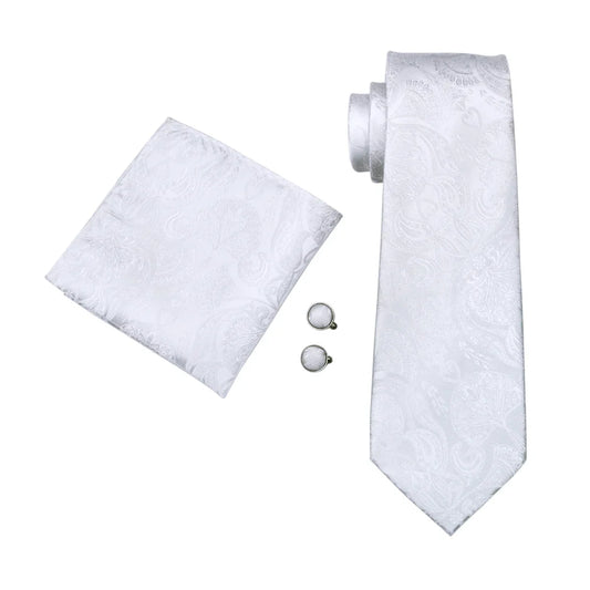 FA-393 Men's Tie White Paisley Silk Jacquard Woven classic Tie Hanky Cufflinks Set For Men Business Wedding Party