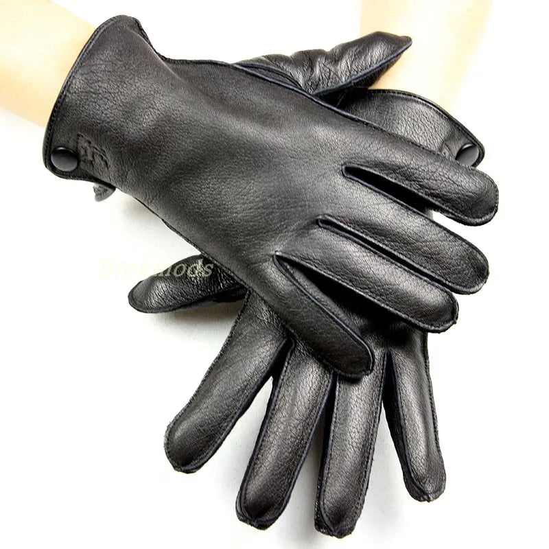 Winter Thick Warm Deerskin Gloves Men's Leather Fashion Simple Outer Seam Style Flannel Lining Thin Wool Points Free Shipping