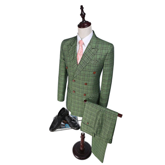 Best Men Green Double Breasted Man Suits Groom Tuxedos Glen Plaid Groomsman Suit Man Clothe 2023 Tweed Suits (Jacket+pants)